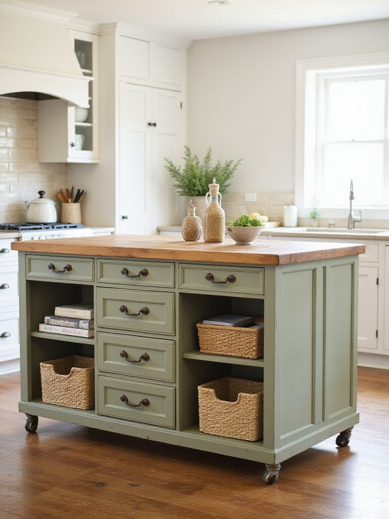 Charming kitchen island repurposed from a sage green antique dresser with a butcher block top, showcasing open shelving and drawers, in a rustic kitchen setting.