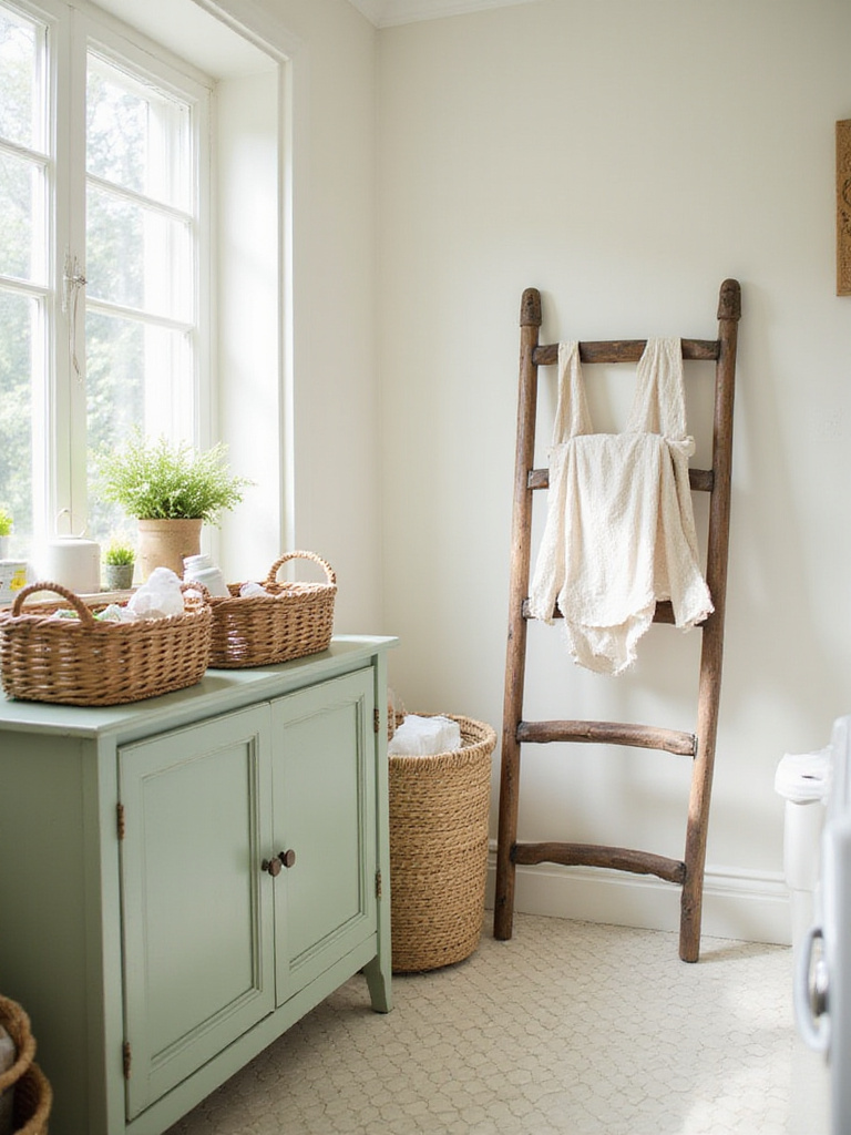 Upcycled antique dresser and vintage ladder used for storage and drying in a bright laundry room.