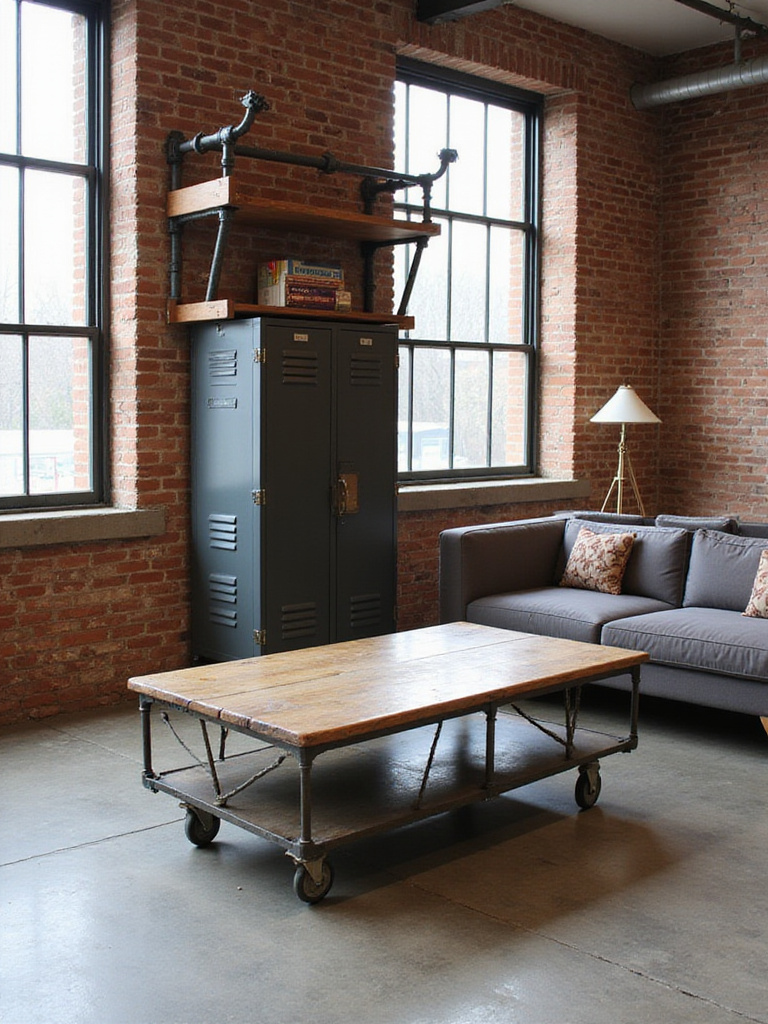 Industrial living room featuring a repurposed factory cart coffee table, metal locker storage, and reclaimed wood shelving.