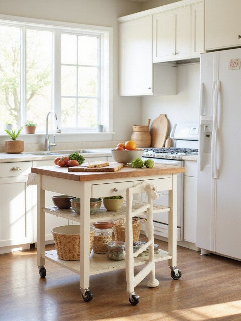 A versatile kitchen cart with a wood top and open shelving serves as a mobile island in a bright, organized kitchen, illustrating a budget-friendly island solution.