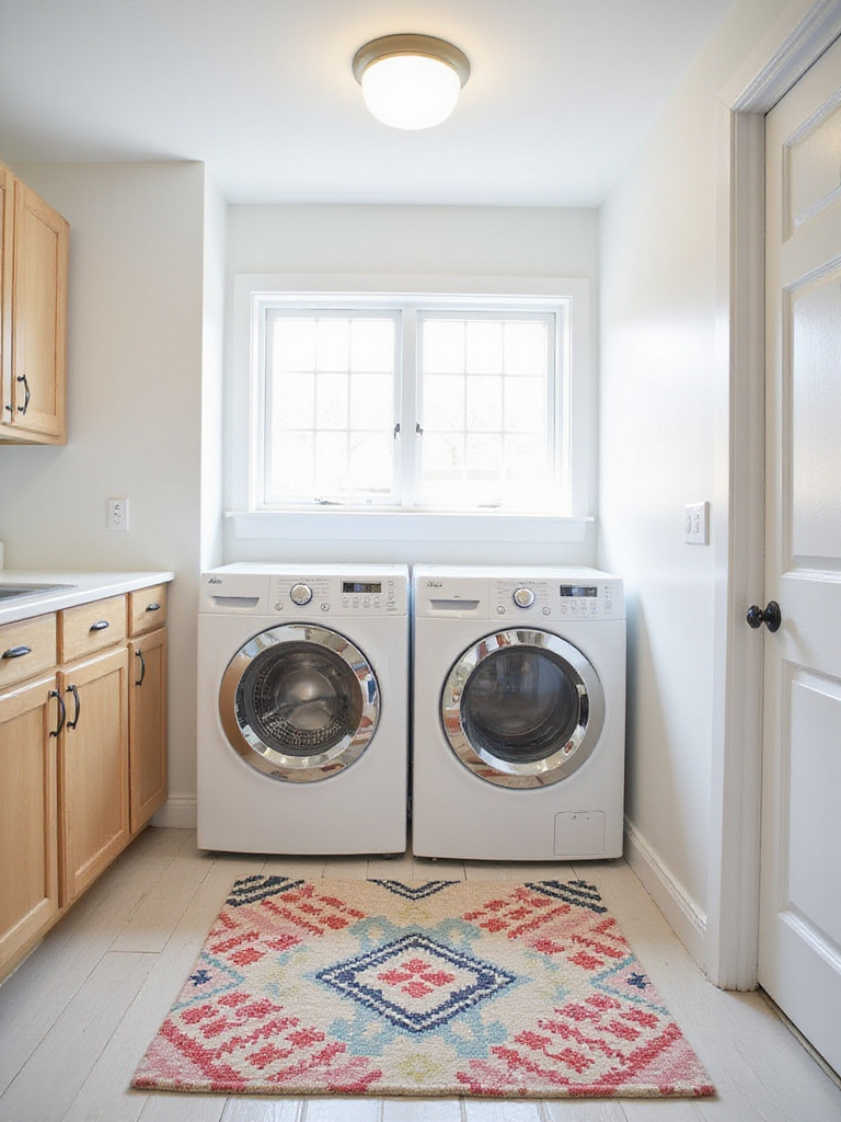 Laundry room with white walls and wood cabinets featuring a colorful washable rug in front of the washer and dryer.