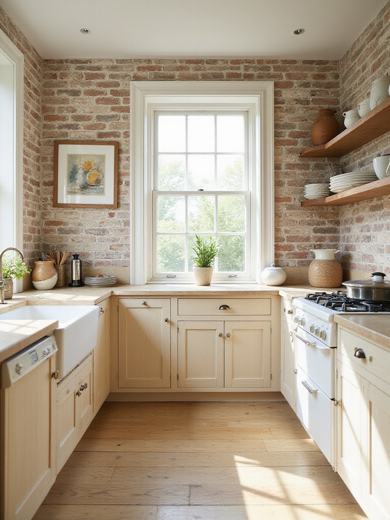 Farmhouse kitchen with rustic brick-effect wallpaper