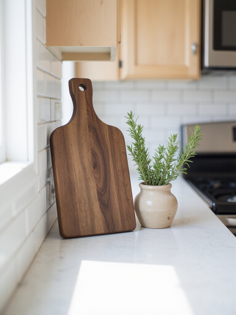 Rustic wooden cutting board leaning against a white tile backsplash on a kitchen countertop with rosemary in a vase