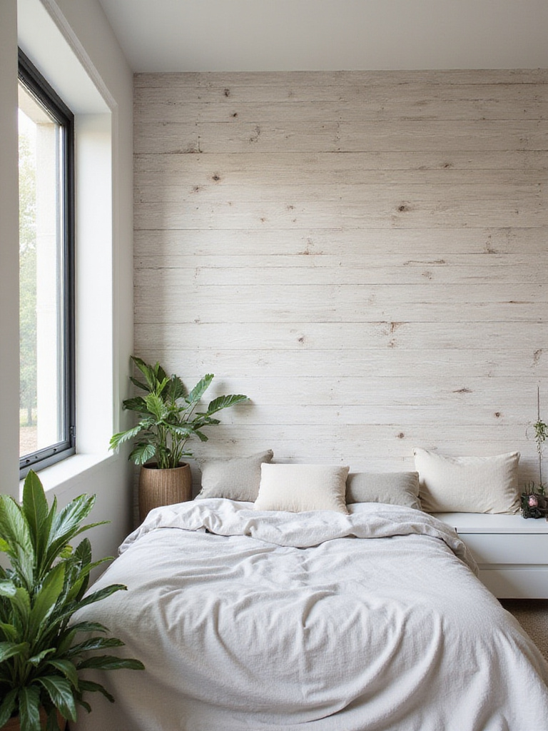 Rustic master bedroom with light wood-effect wallpaper accent wall