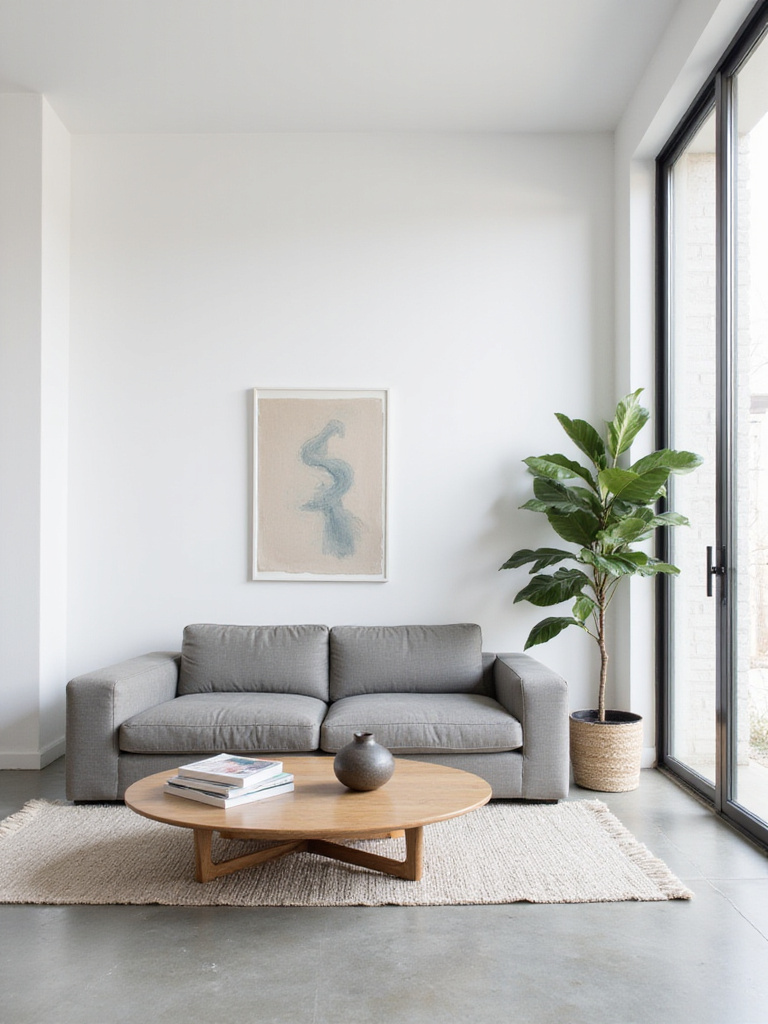 Minimalist living room with gray sofa, abstract art, and sculptural vase.