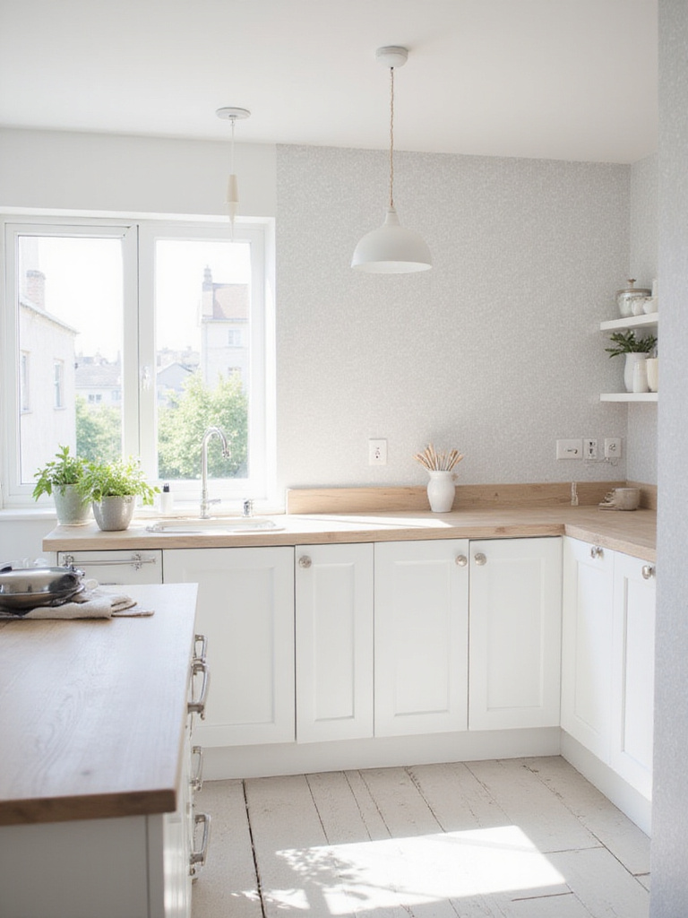 Scandinavian kitchen with light gray geometric wallpaper accent wall.