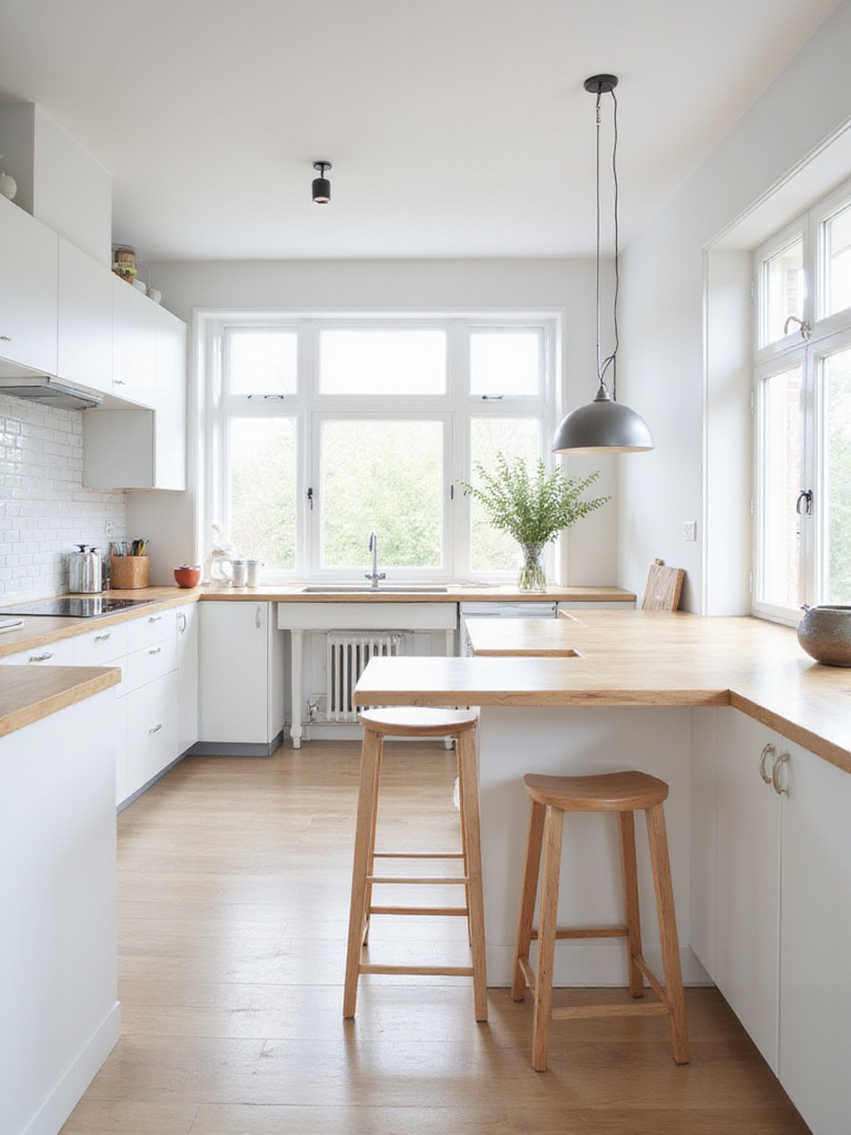 Scandinavian kitchen bar with light wood countertop and white cabinets
