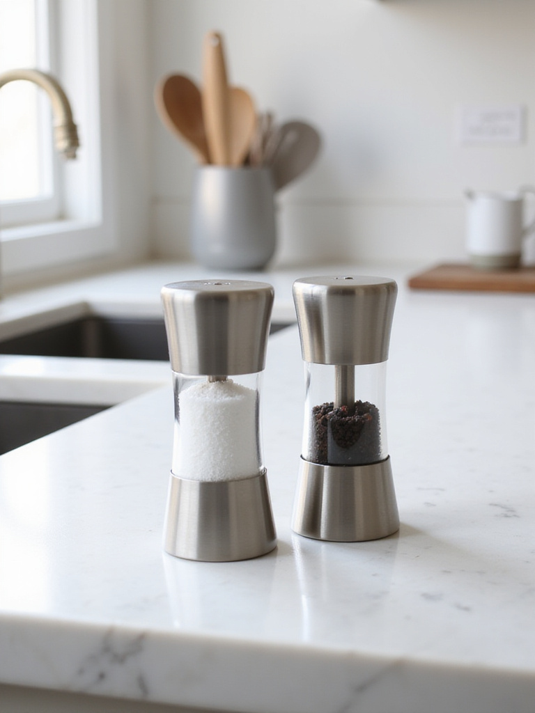 Elegant stainless steel salt and pepper shakers on a marble kitchen countertop.