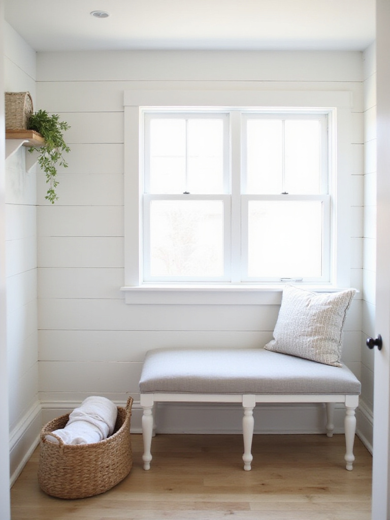 Comfortable laundry room bench with storage and natural light