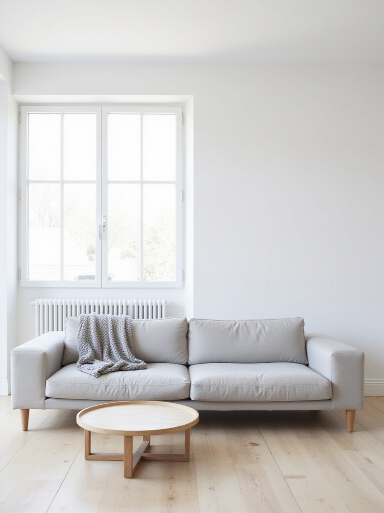 Minimalist living room featuring a comfortable light gray modular sofa