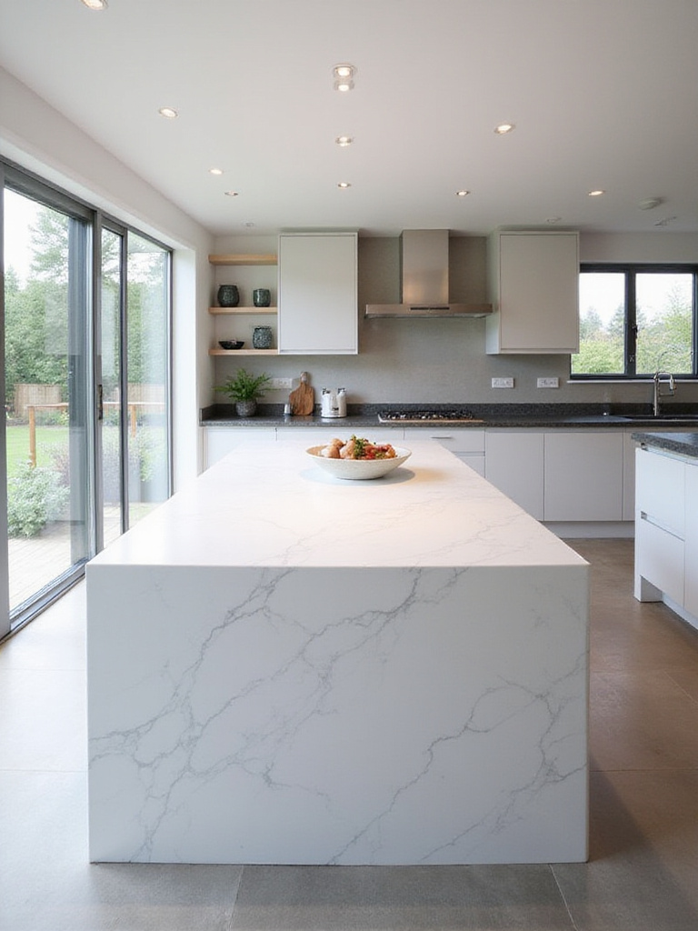 Modern kitchen featuring a white quartz island countertop and dark granite perimeter countertops, showcasing different durable and beautiful material options.