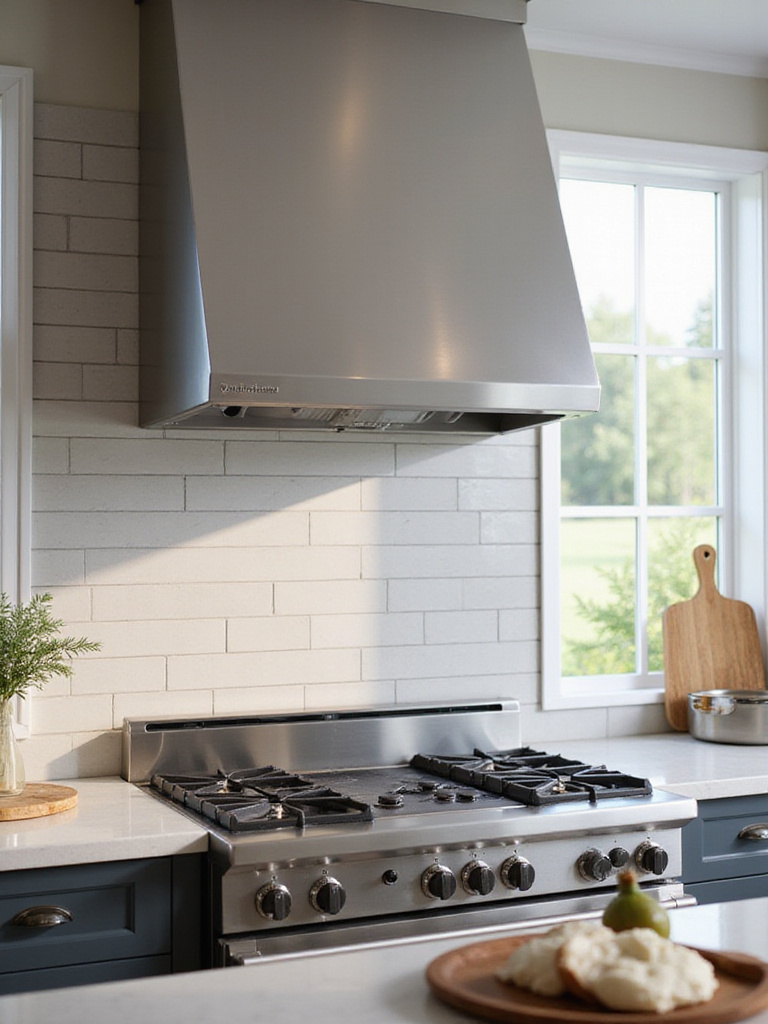 Stylish stainless steel wall-mount kitchen ventilation hood over a gas range in a modern kitchen.