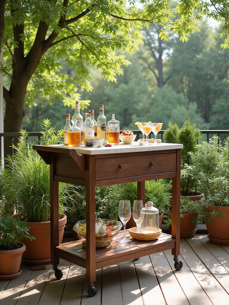 Stylish outdoor bar cart on a wooden deck with drinks and glassware