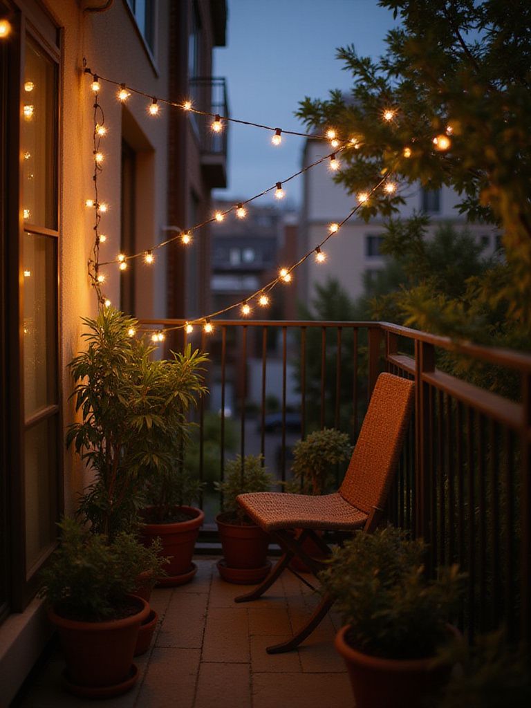 Apartment balcony with string lights creating a cozy and inviting atmosphere
