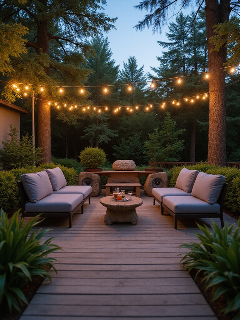 Deck with outdoor speakers and ambient lighting for evening relaxation