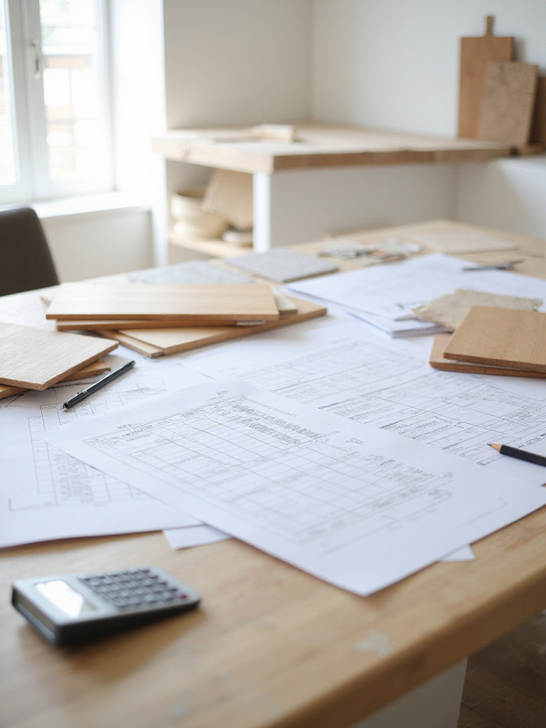 Kitchen renovation budget planning table with blueprints, material samples, and a detailed financial spreadsheet.