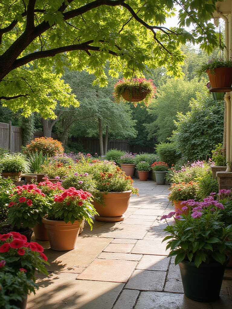 Shade-tolerant impatiens in pots and hanging baskets brighten a dimly lit patio.