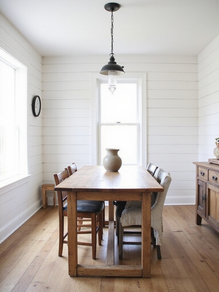 Farmhouse dining room with white horizontal shiplap walls, rustic wood dining table, and vintage chandelier.