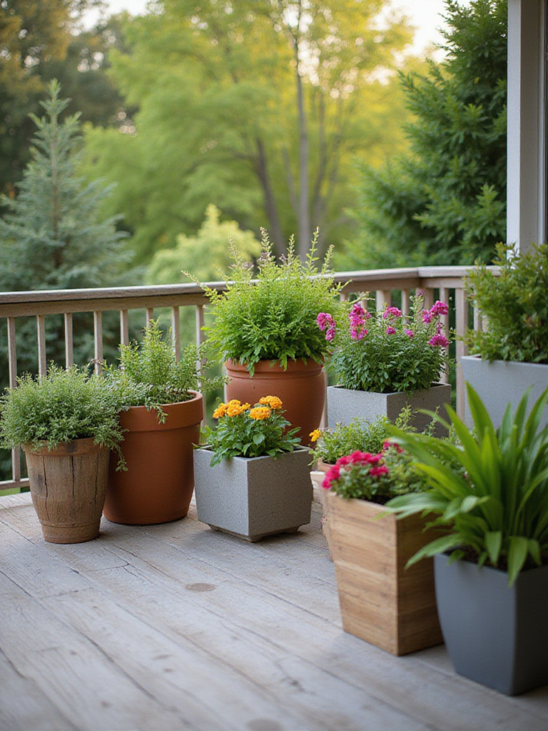 Deck with a variety of decorative planters filled with plants and flowers.