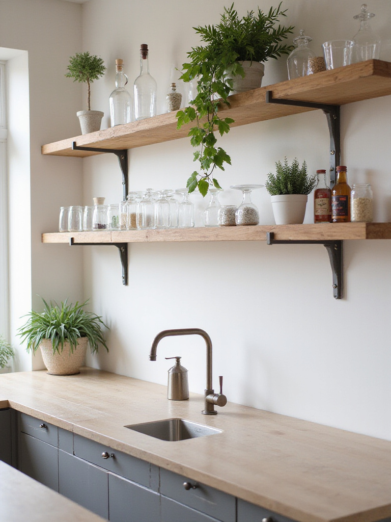 Modern kitchen bar with open shelving displaying glassware and décor.