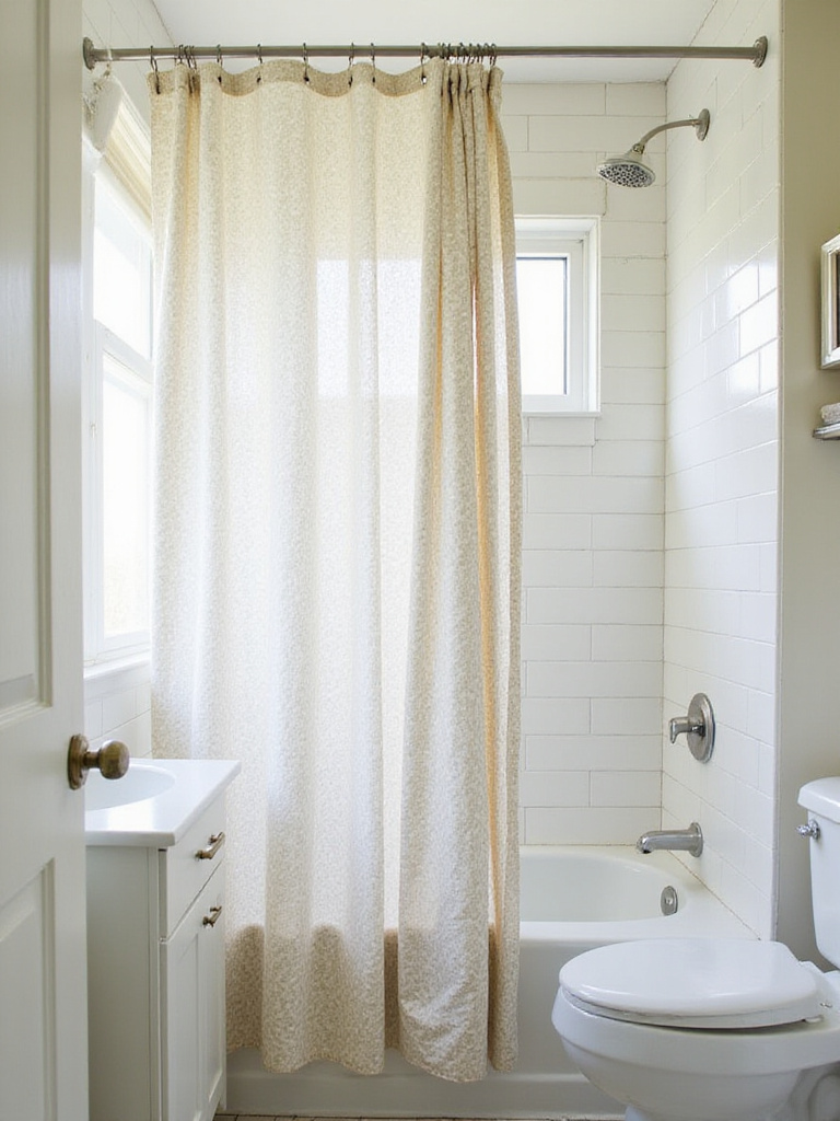 Small bathroom with patterned shower curtain instead of a door