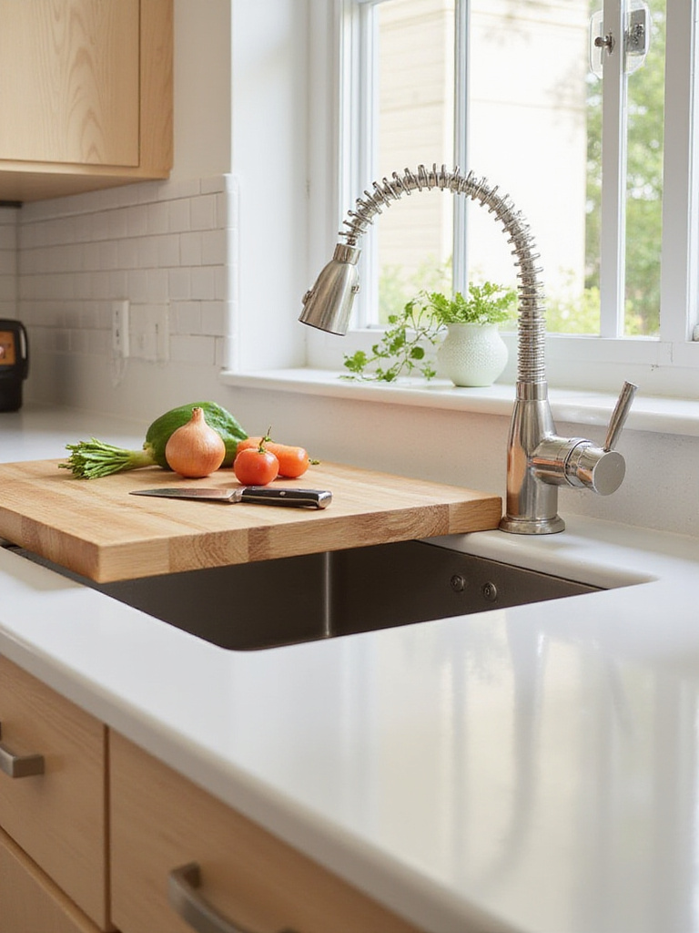 Bamboo cutting board placed over a stainless steel kitchen sink, expanding countertop space.