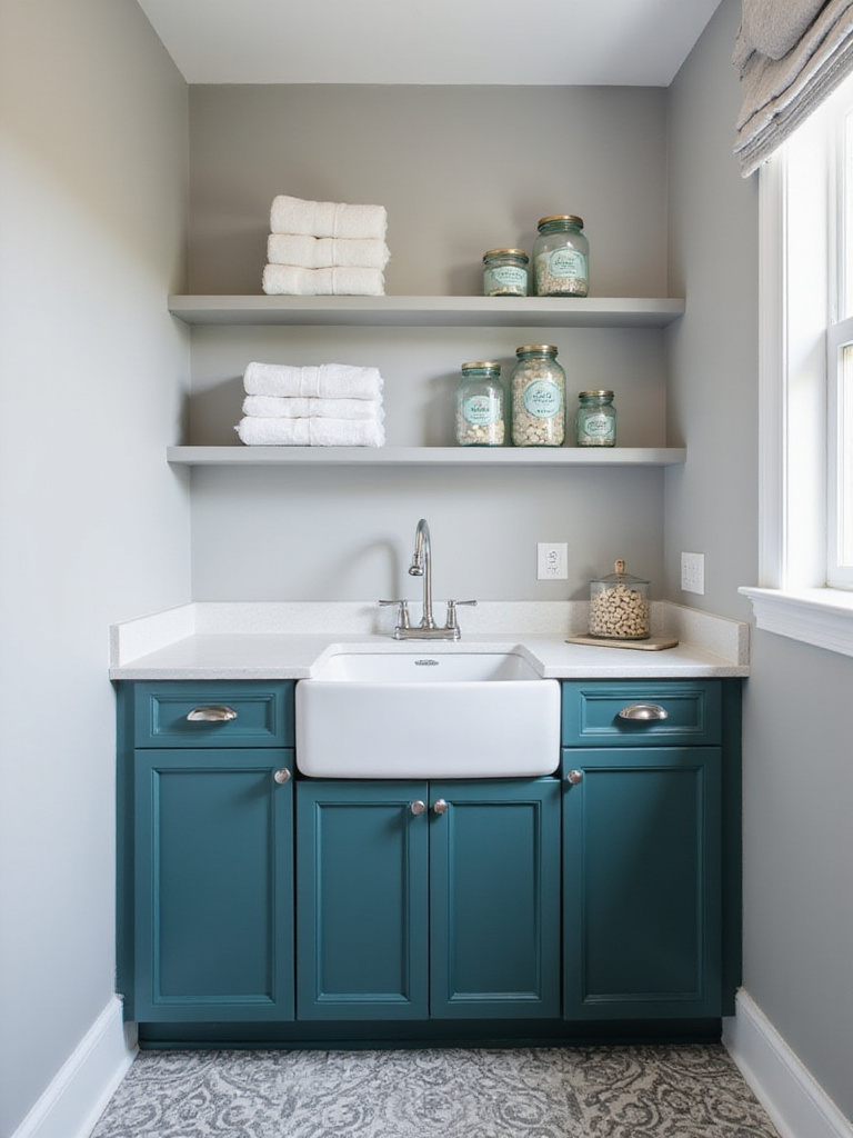 Stylish laundry room with a white composite utility sink and dark teal shaker cabinet.