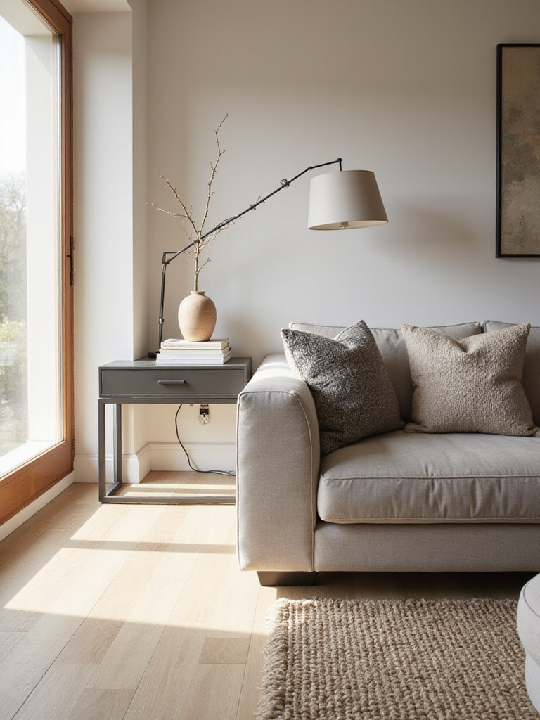 Sleek metal console table behind a modern grey sofa in a well-lit living room.