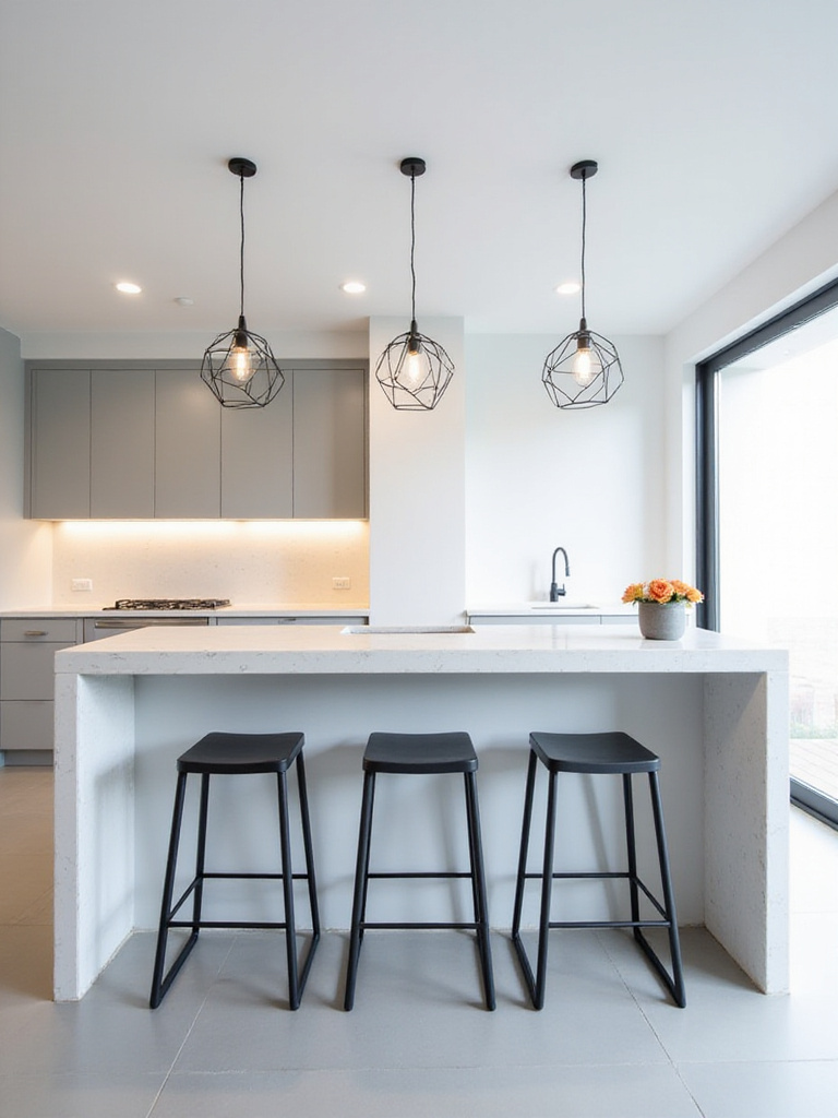 Modern minimalist kitchen bar with white quartz countertop and black bar stools