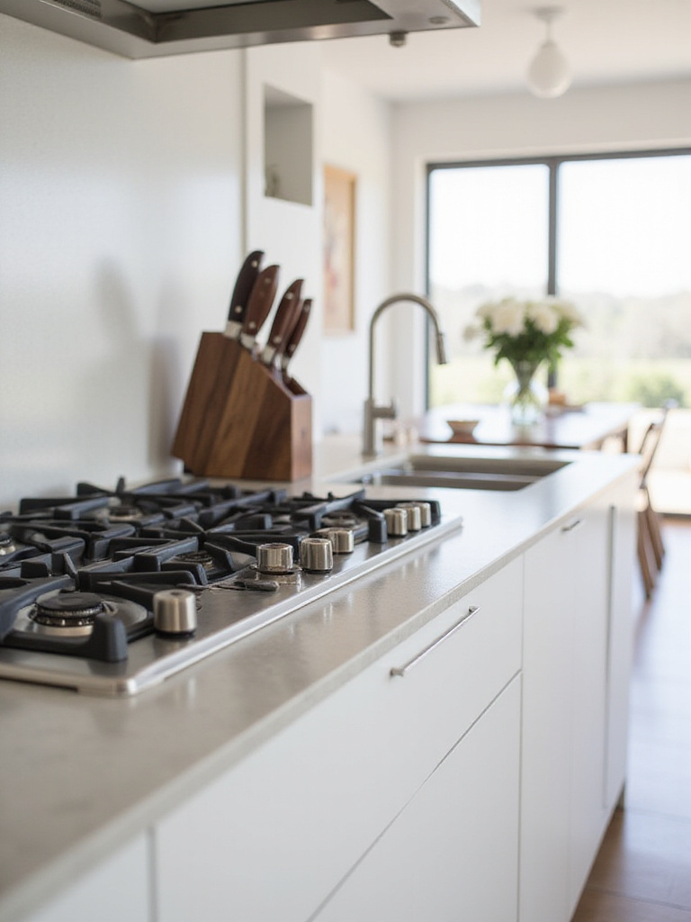Stylish dark walnut knife block on a light quartz kitchen countertop.