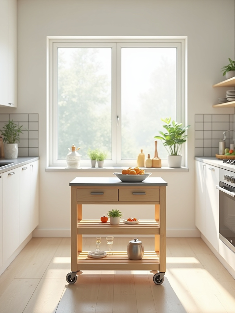 A compact portable kitchen island with a stainless steel top and wood frame sits in a small, modern kitchen, demonstrating a space-saving solution.