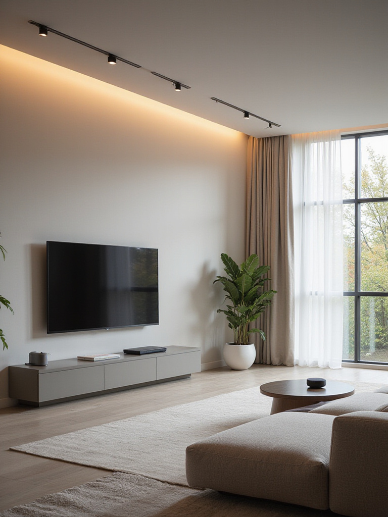 Modern living room featuring seamlessly integrated smart home technology.
