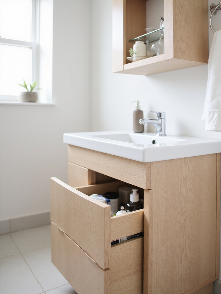 Small bathroom vanity with built-in drawer and cabinet storage, helping to declutter the countertop.