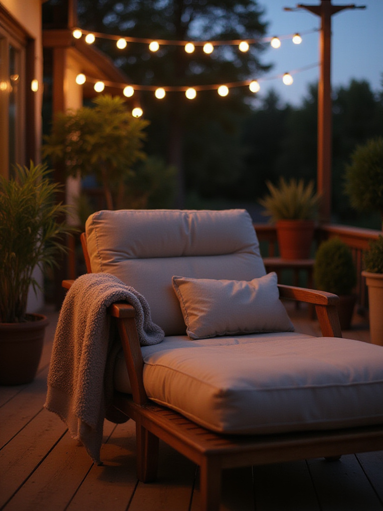 Cozy outdoor deck with throw blanket draped over a chair for chilly evenings