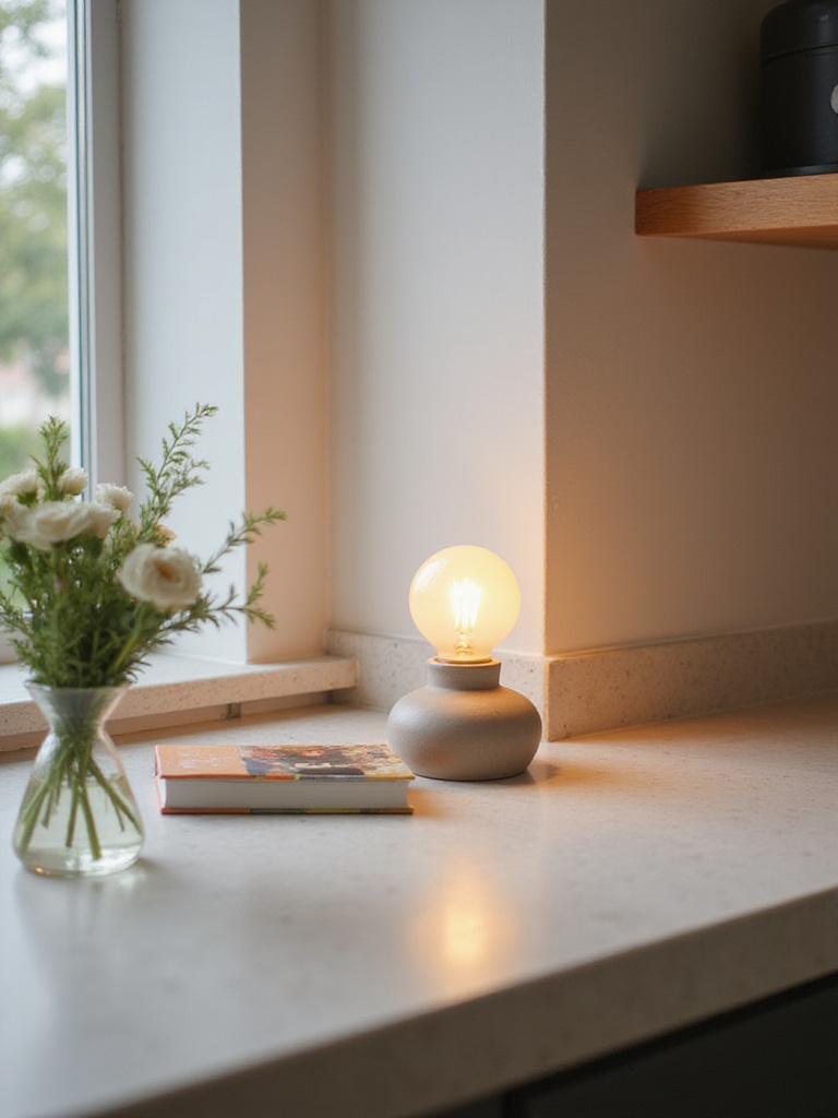Small table lamp on kitchen countertop providing warm ambient lighting