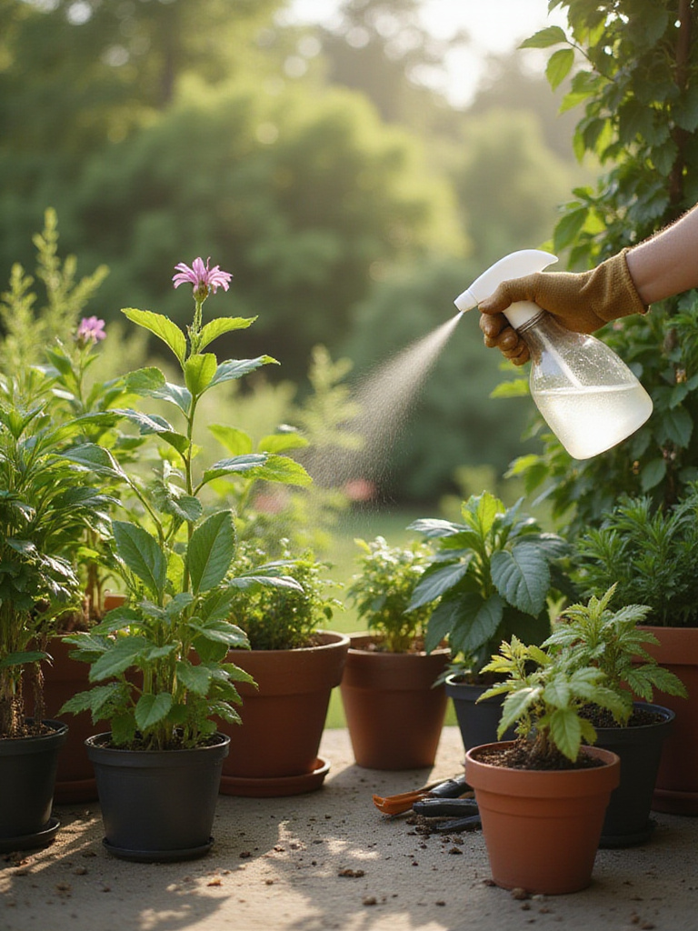 Patio plants showing signs of pests and diseases being treated by a gardener.