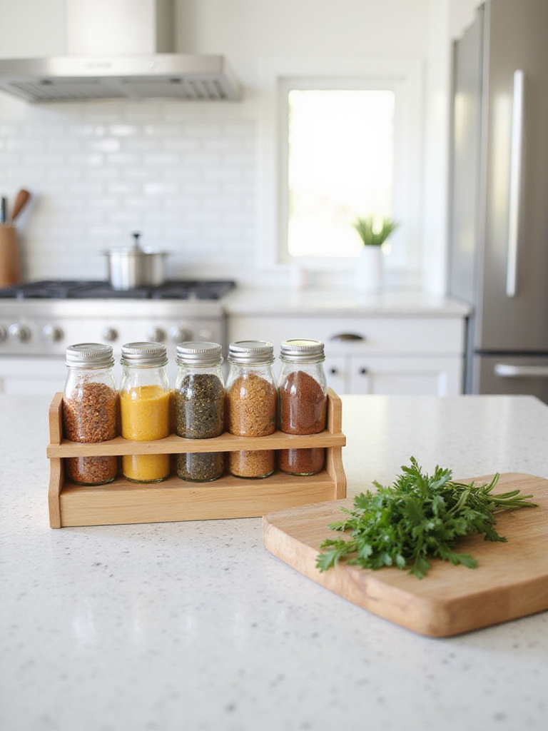 Organized spice rack with matching jars on a kitchen countertop