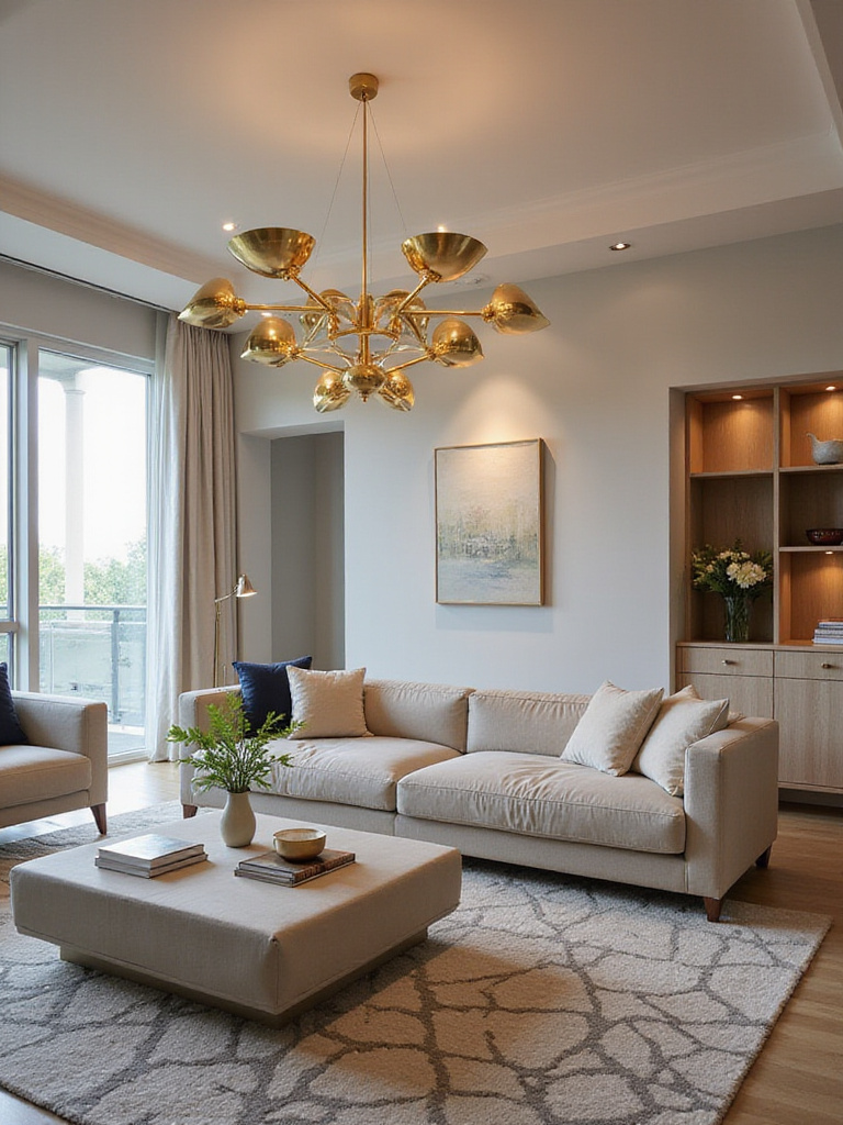 Modern living room with a statement gold chandelier as a focal point.