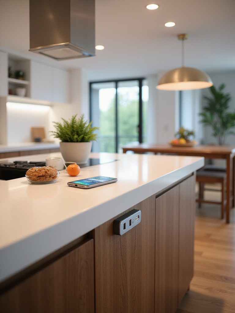 Modern kitchen bar featuring integrated pop-up USB charging stations in the countertop.