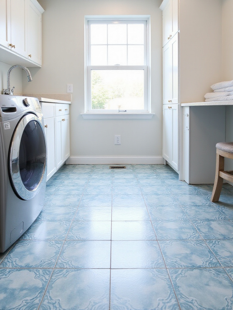 Stylish laundry room with durable patterned tile flooring.