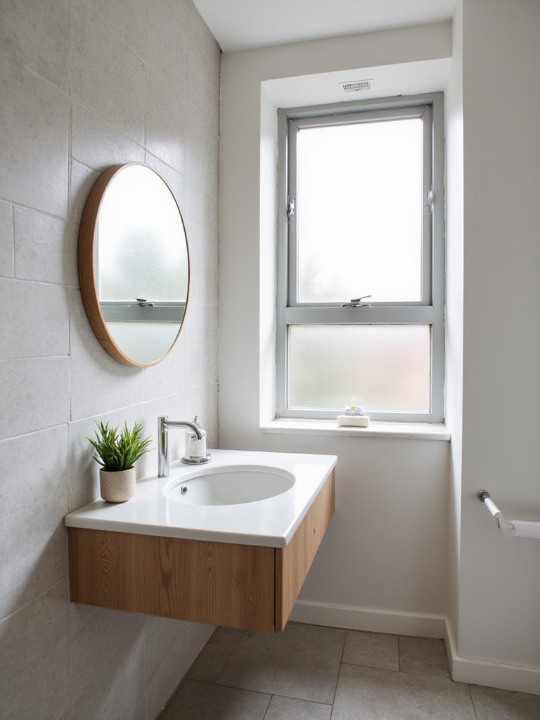 Small bathroom with a snake plant adding greenery to the countertop.