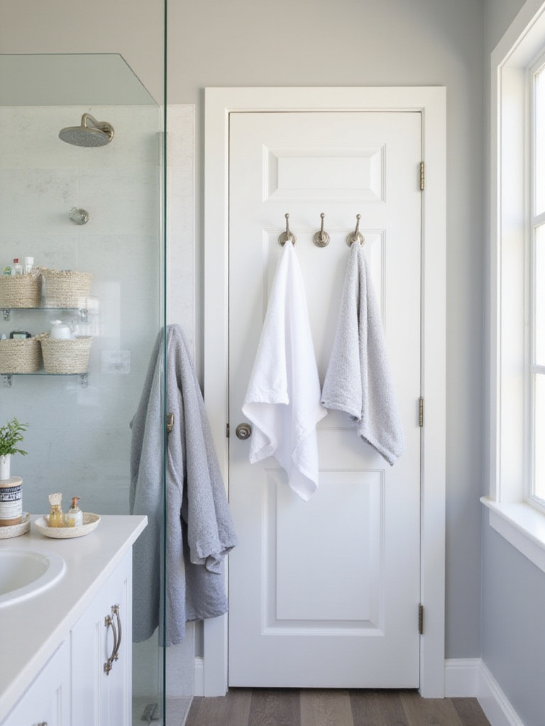 Small bathroom with stylish hooks for towels, robes, and toiletries.
