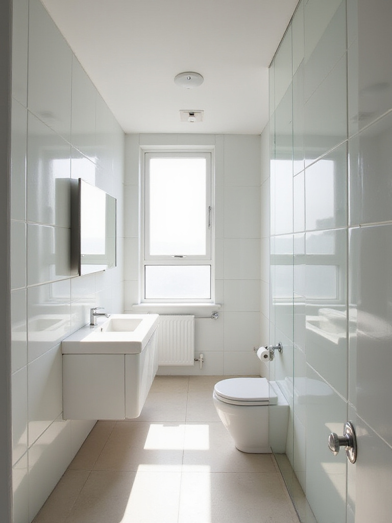 Small bathroom with large frameless mirror reflecting natural light, creating the illusion of a larger space.