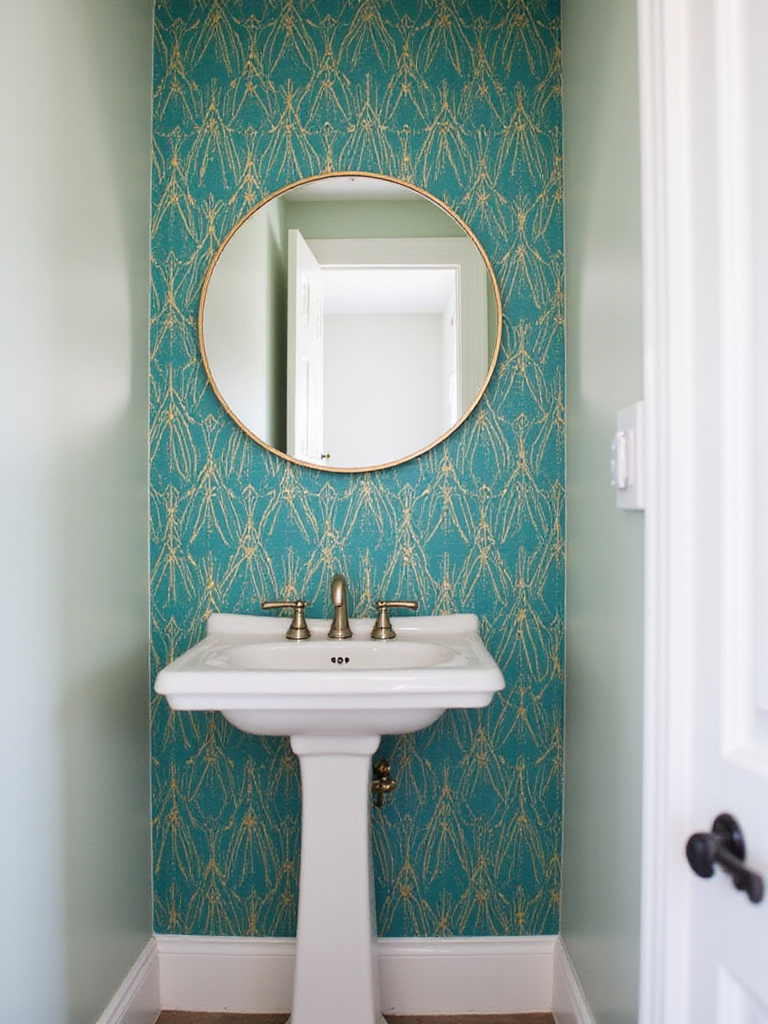 Small bathroom with teal and gold geometric wallpaper accent wall