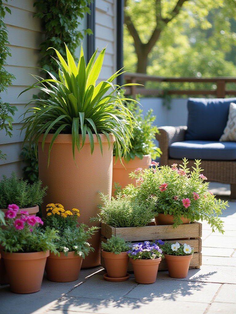 Stylish patio plant displays with creative container arrangements.