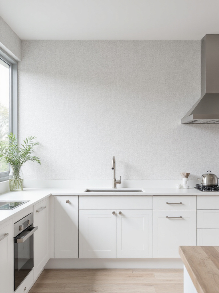 Sophisticated kitchen with light grey linen textured wallpaper