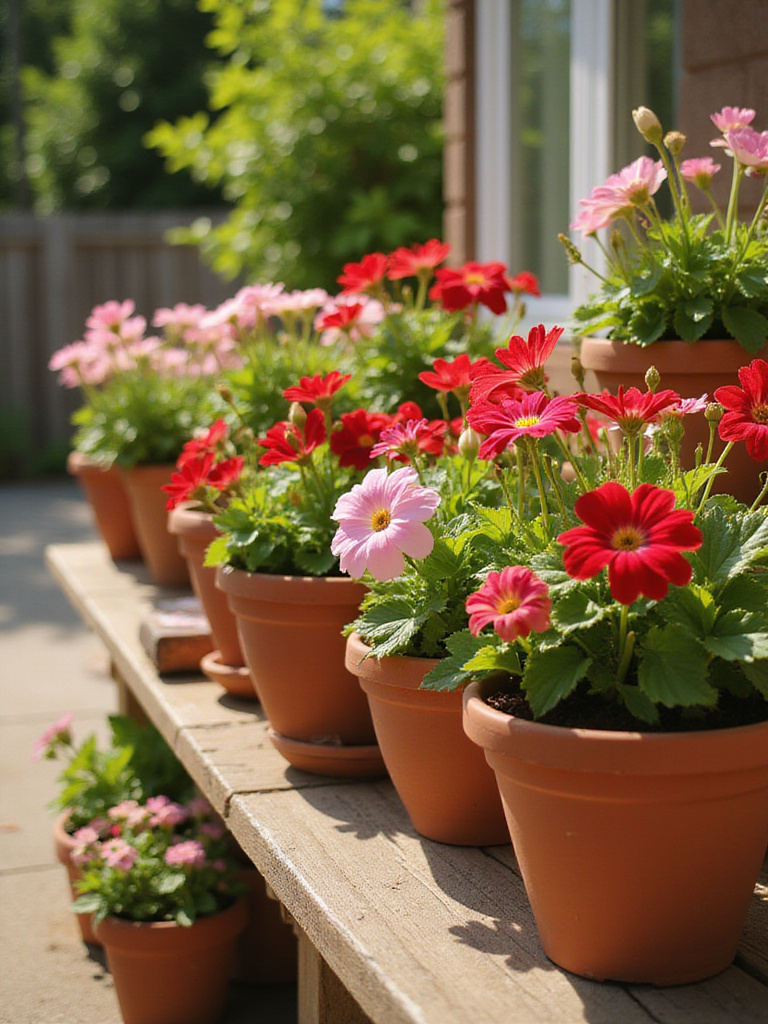 Terracotta pots filled with colorful geraniums on a sunny patio.