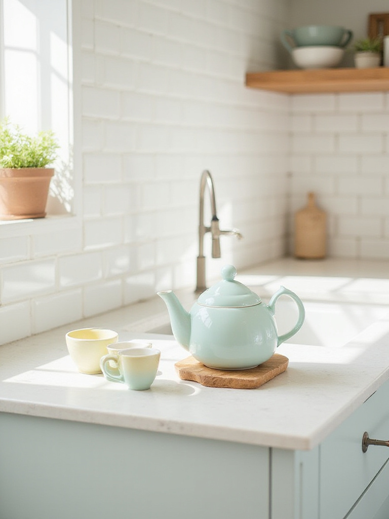 Kitchen countertop decorated with a charming teapot and teacups.