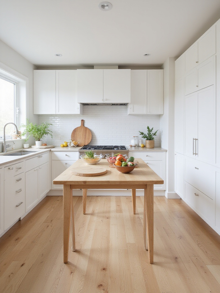 A sturdy wooden dining table repurposed as a temporary kitchen island, positioned in the center of a kitchen with vegetables and a cutting board on top.
