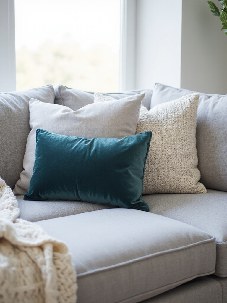 Modern living room with textured throw pillows and a chunky knit blanket on a grey sectional sofa.